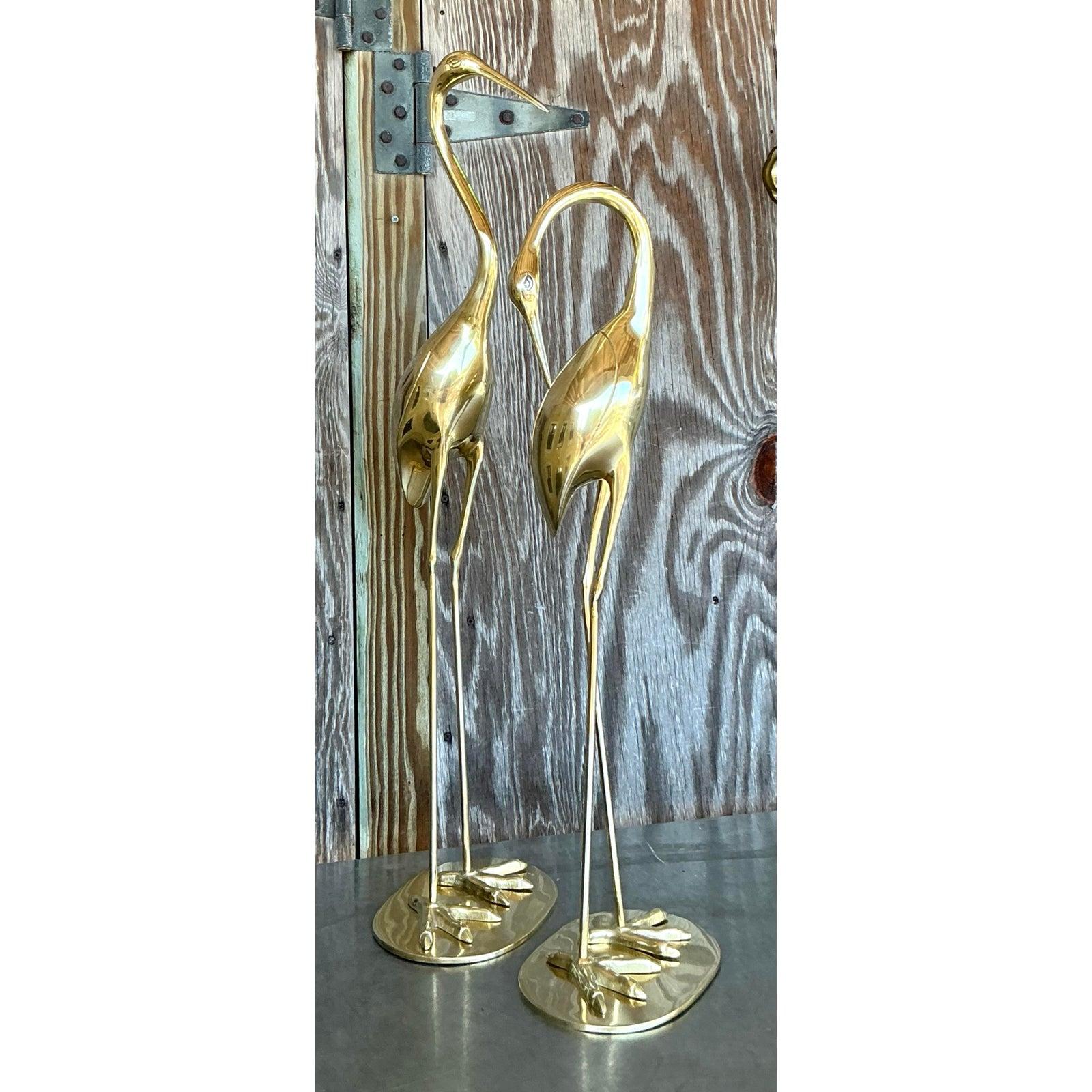 Vintage Boho Polished Brass Cranes- A Pair For Sale at 1stDibs