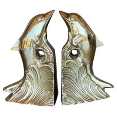 Vintage Boho Polished Brass Dolphin Bookends - A Pair