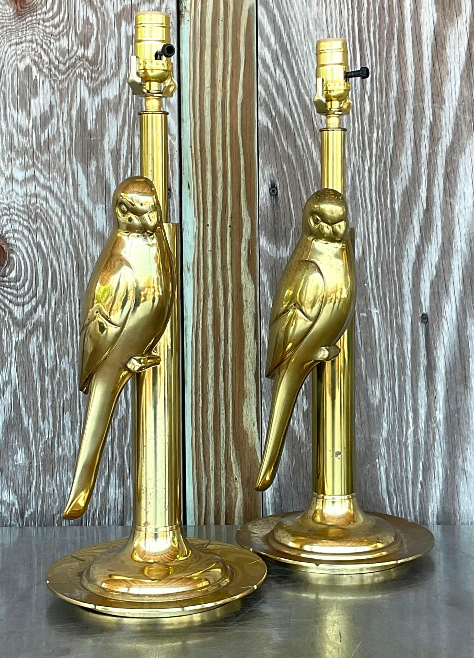 Mid-Century Modern Vintage Boho Polished Brass Parrot Lamps - a Pair For Sale