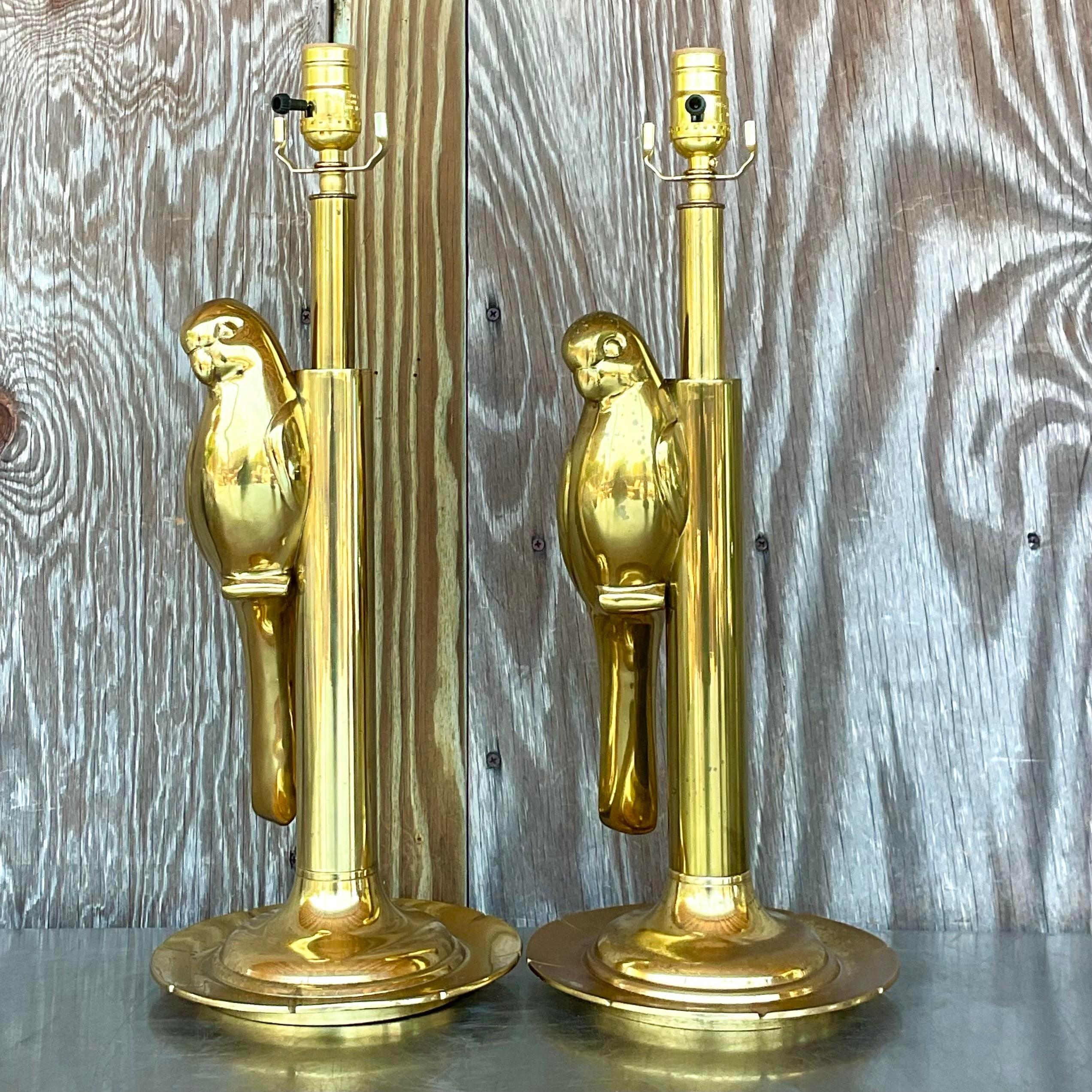 American Vintage Boho Polished Brass Parrot Lamps - a Pair For Sale