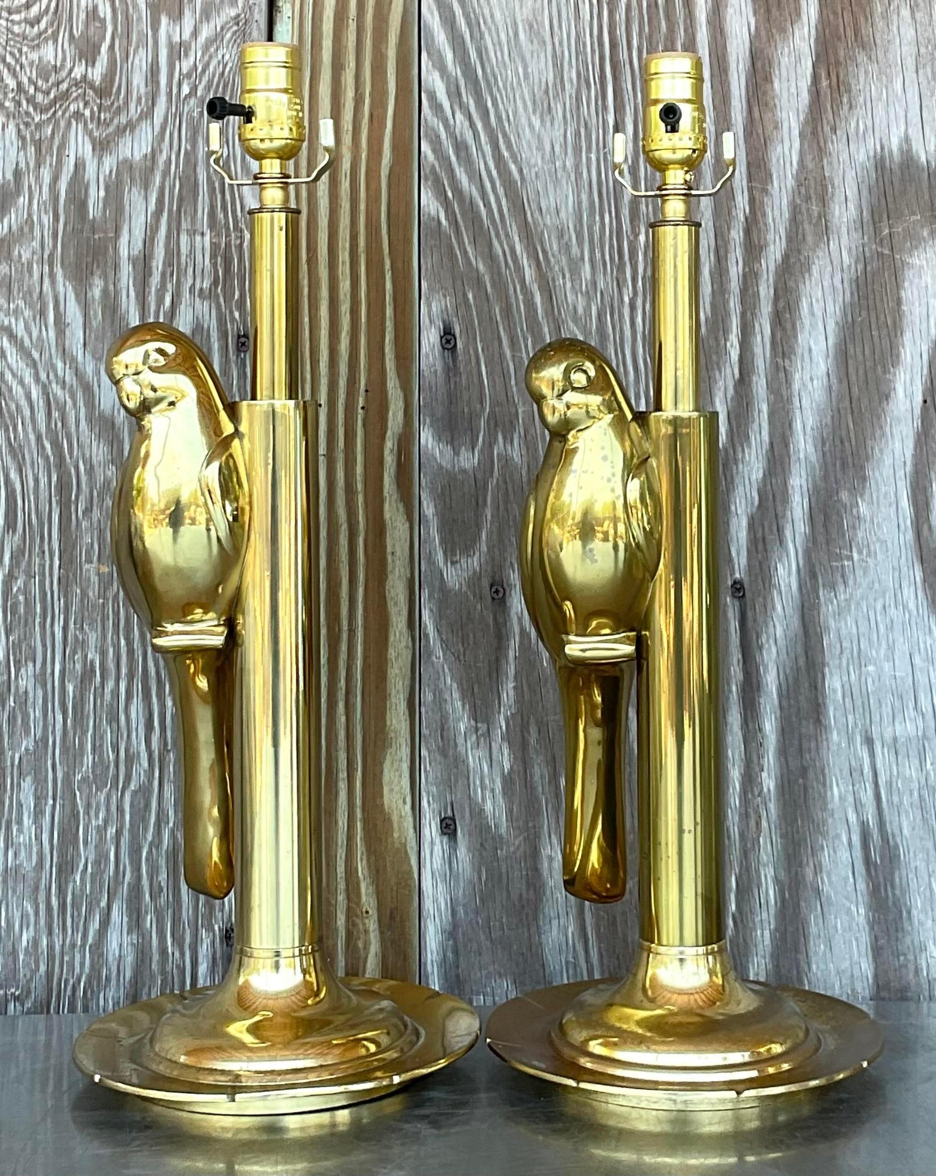 Vintage Boho Polished Brass Parrot Lamps - a Pair In Good Condition For Sale In west palm beach, FL