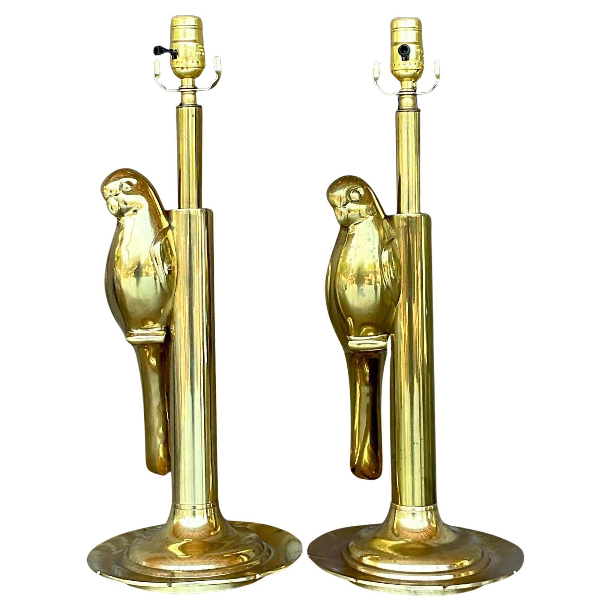 Vintage Boho Polished Brass Parrot Lamps - a Pair For Sale