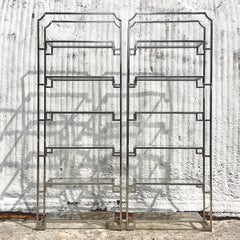 Vintage Boho Polished Chrome Notched Etagere - a Pair