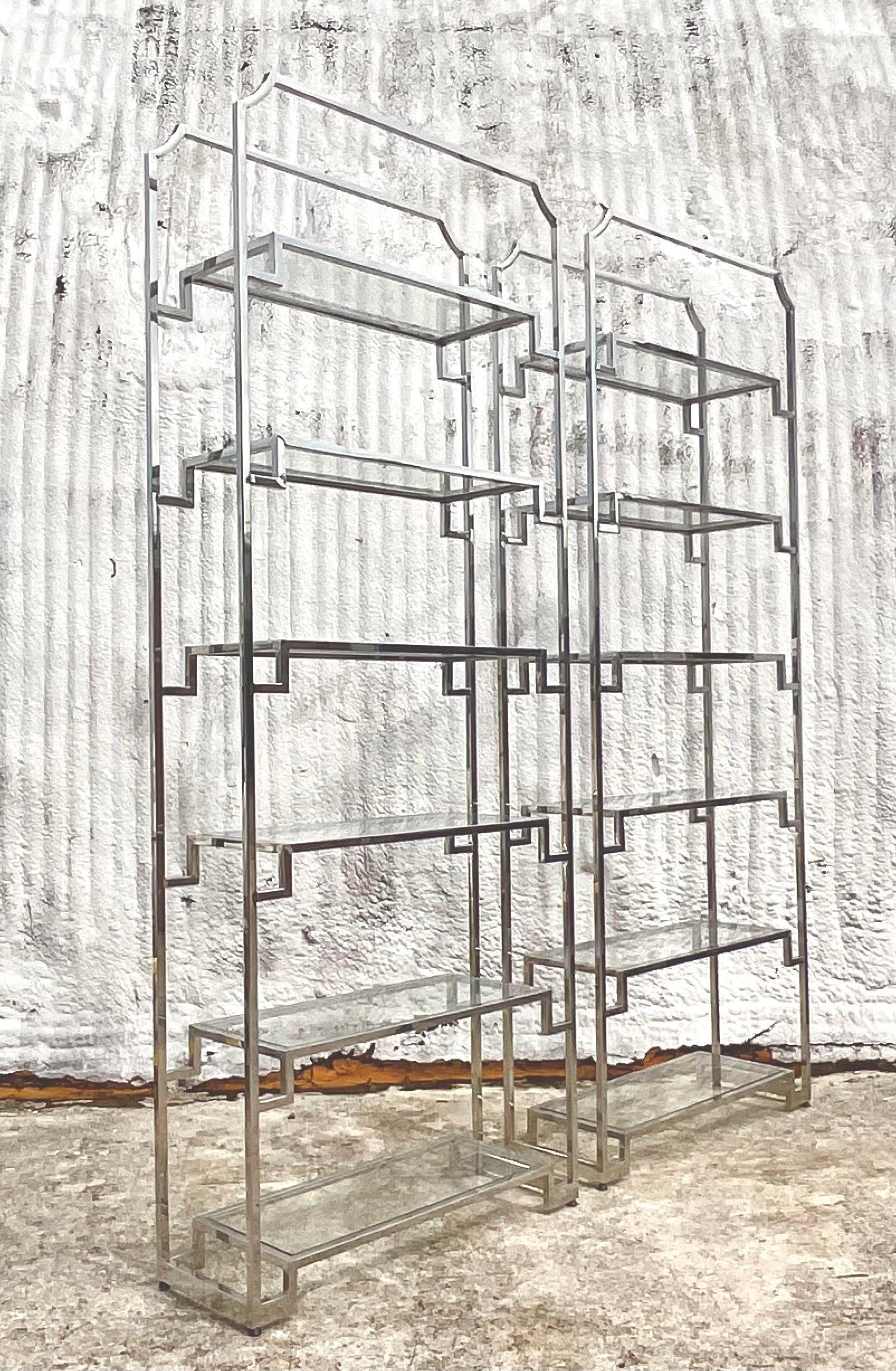 American Vintage Boho Polished Chrome Notched Etagere - a Pair For Sale