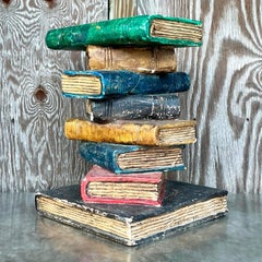 Vintage Boho Polychrome Plaster Stacked Books Side Table