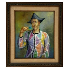 Vintage Boho Portrait of Jester Oil on Canvas