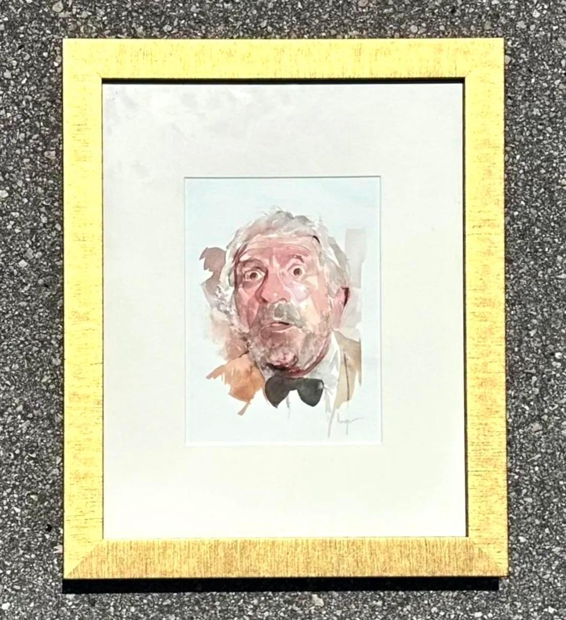 Vintage Boho Retrato de hombre Gauche Pintura sobre papel Bohemio