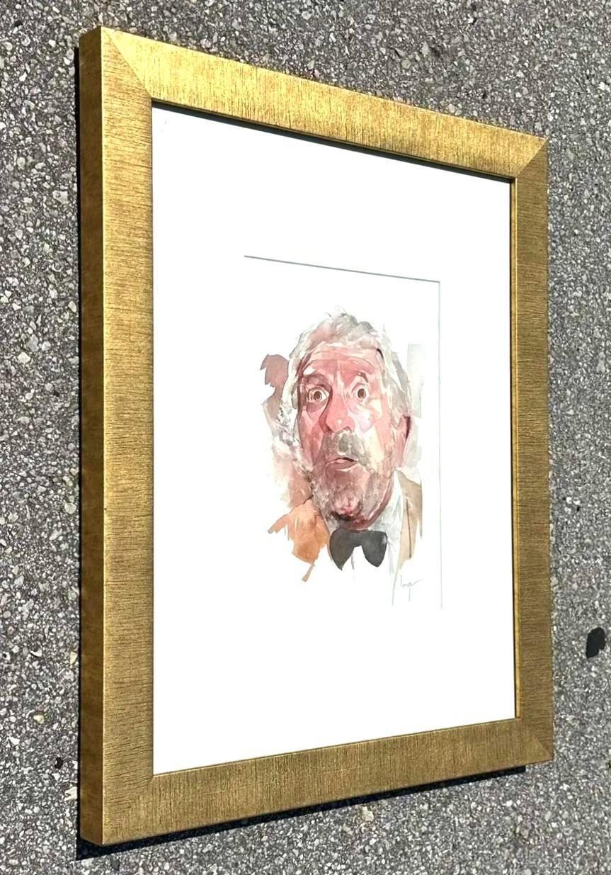 Vintage Boho Retrato de hombre Gauche Pintura sobre papel siglo XX