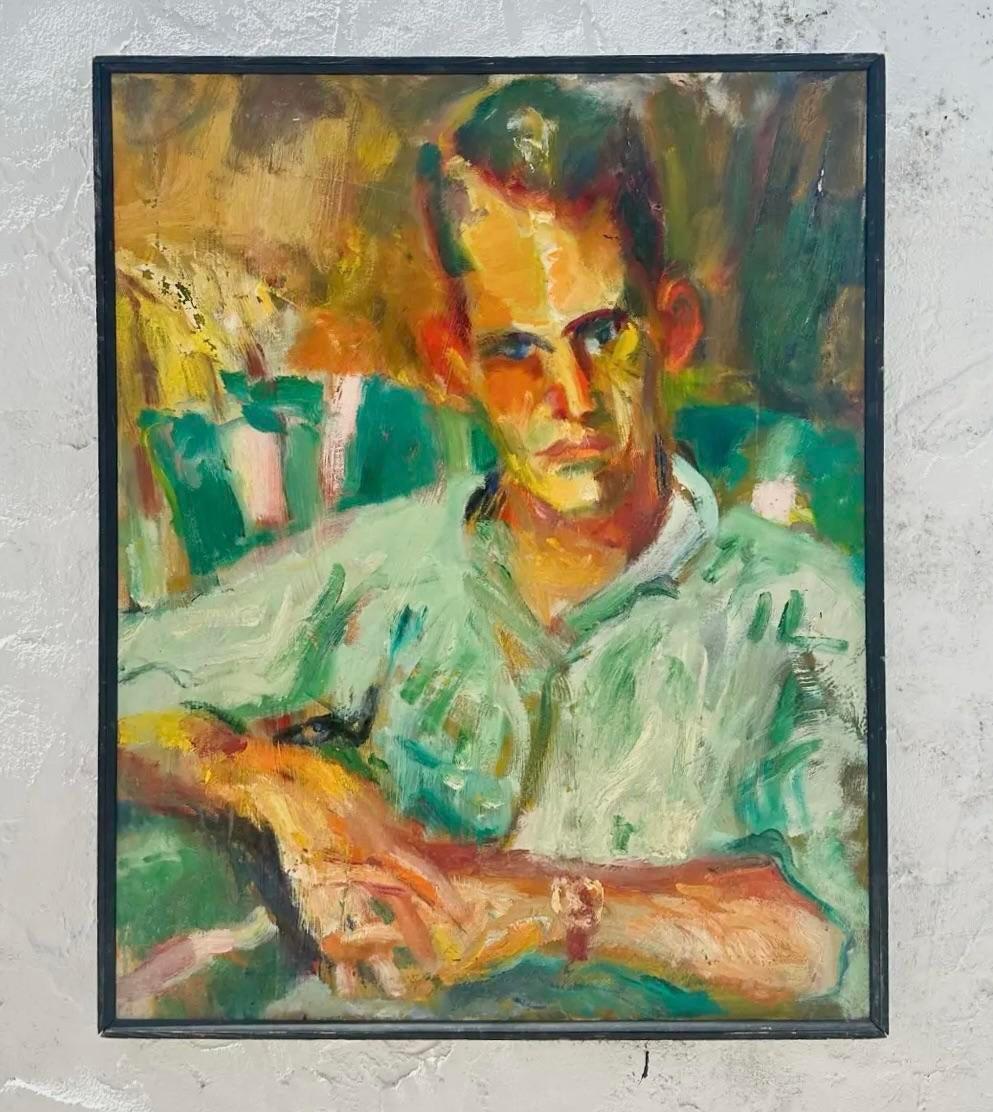 Bohémien Vintage By Ritratto di uomo dipinto a olio su tela in vendita