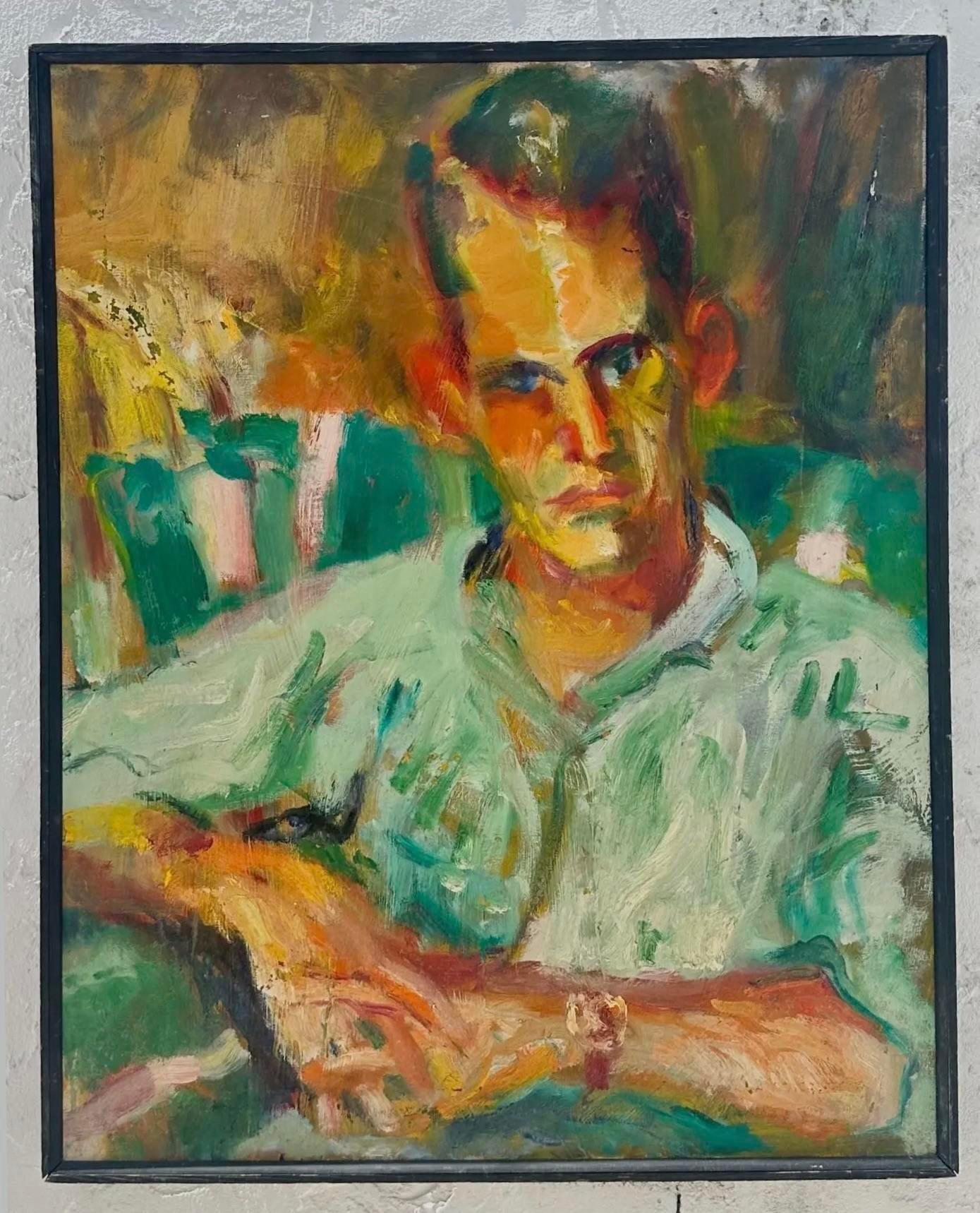 Nordamericano Vintage By Ritratto di uomo dipinto a olio su tela in vendita