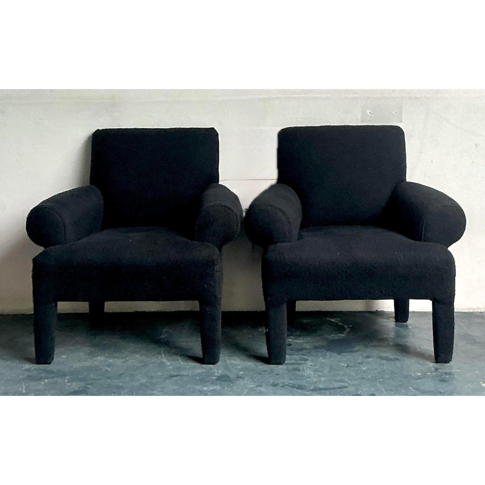 Introducing a captivating pair of Vintage Boho Postmodern Lounge Chairs, inspired by the iconic designs of Donghia. These armchairs exude a sophisticated yet relaxed aesthetic, perfect for an interior that embraces both comfort and cutting-edge
