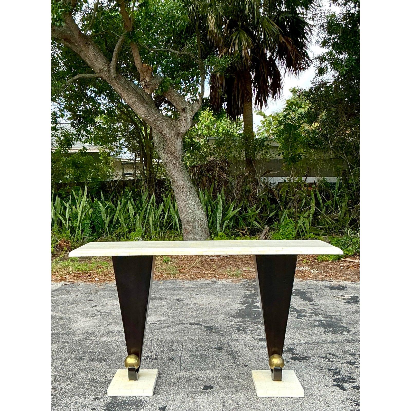 Vintage Boho Postmodern Tessellated Bone Console Table In Good Condition For Sale In west palm beach, FL