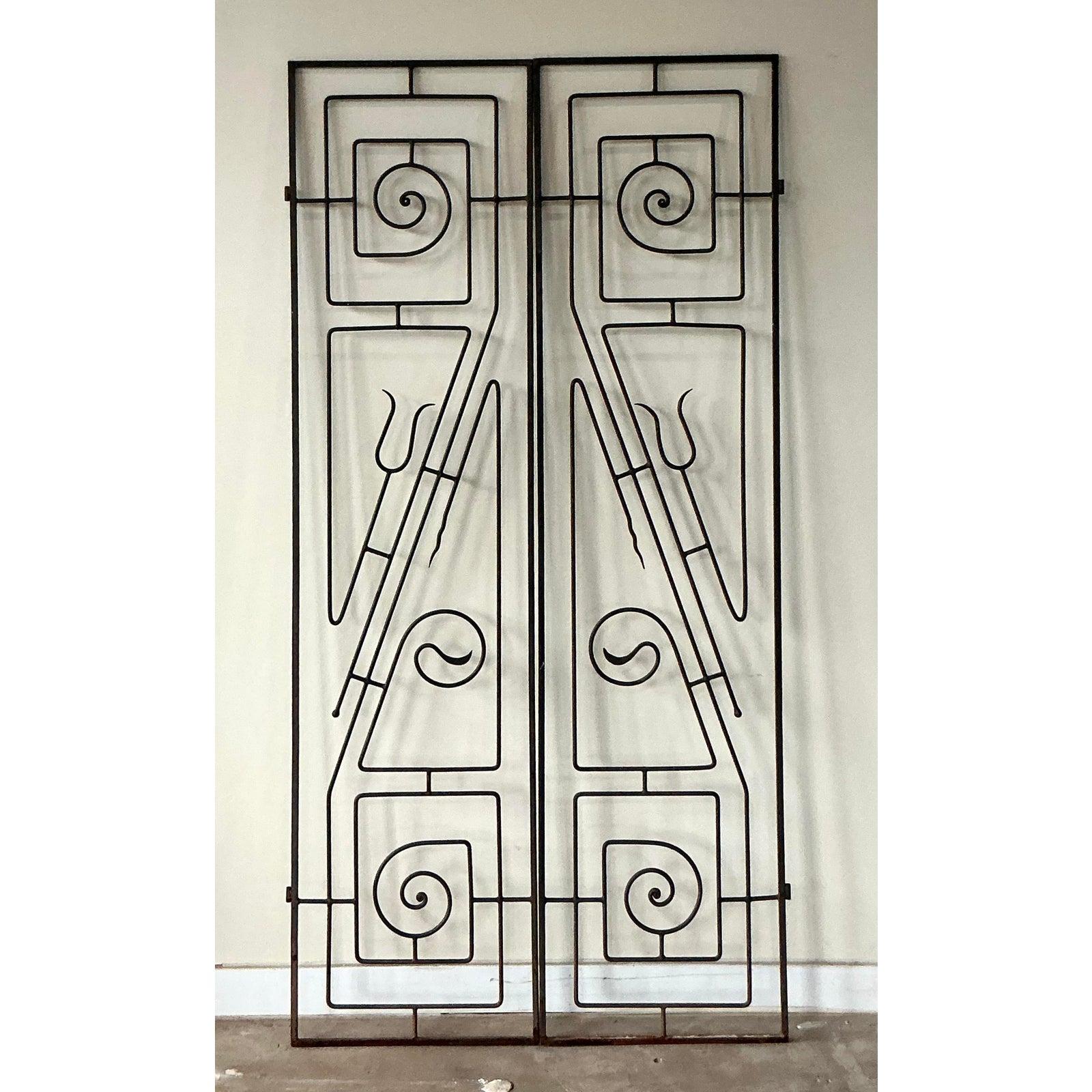 Art Deco Vintage Boho Postmodern Wrought Iron Panels - A Pair For Sale