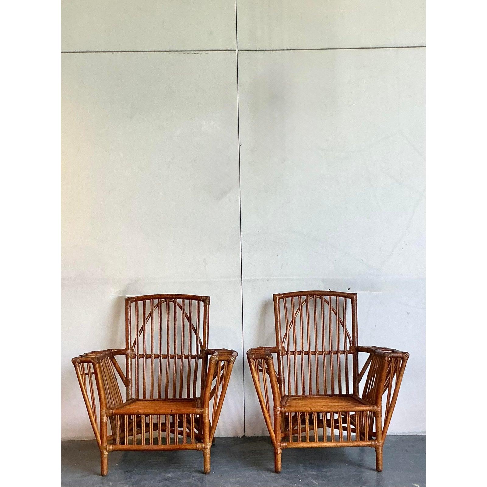 British Colonial Vintage Boho Presidential Stuck Rattan Lounge Chairs After Palecek - A Pair For Sale