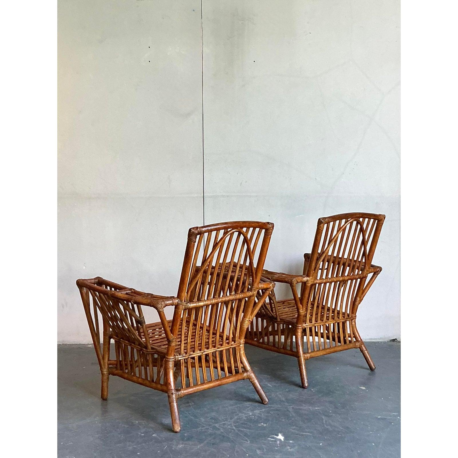 Philippine Vintage Boho Presidential Stuck Rattan Lounge Chairs After Palecek - A Pair For Sale