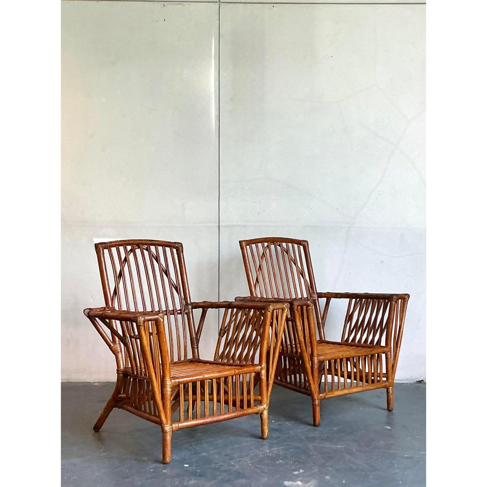 Vintage Boho Presidential Stuck Rattan Lounge Chairs After Palecek - A Pair In Good Condition For Sale In West Palm Beach, FL