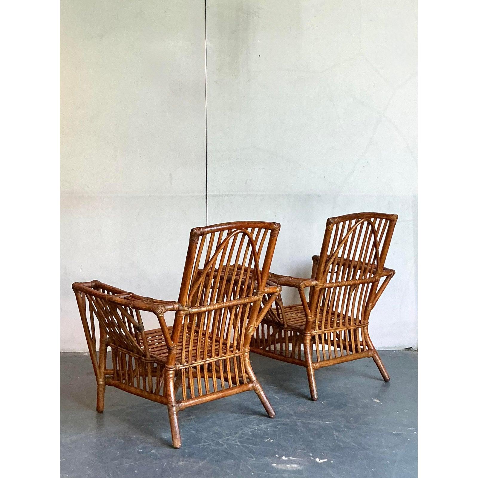 20th Century Vintage Boho Presidential Stuck Rattan Lounge Chairs After Palecek - A Pair For Sale