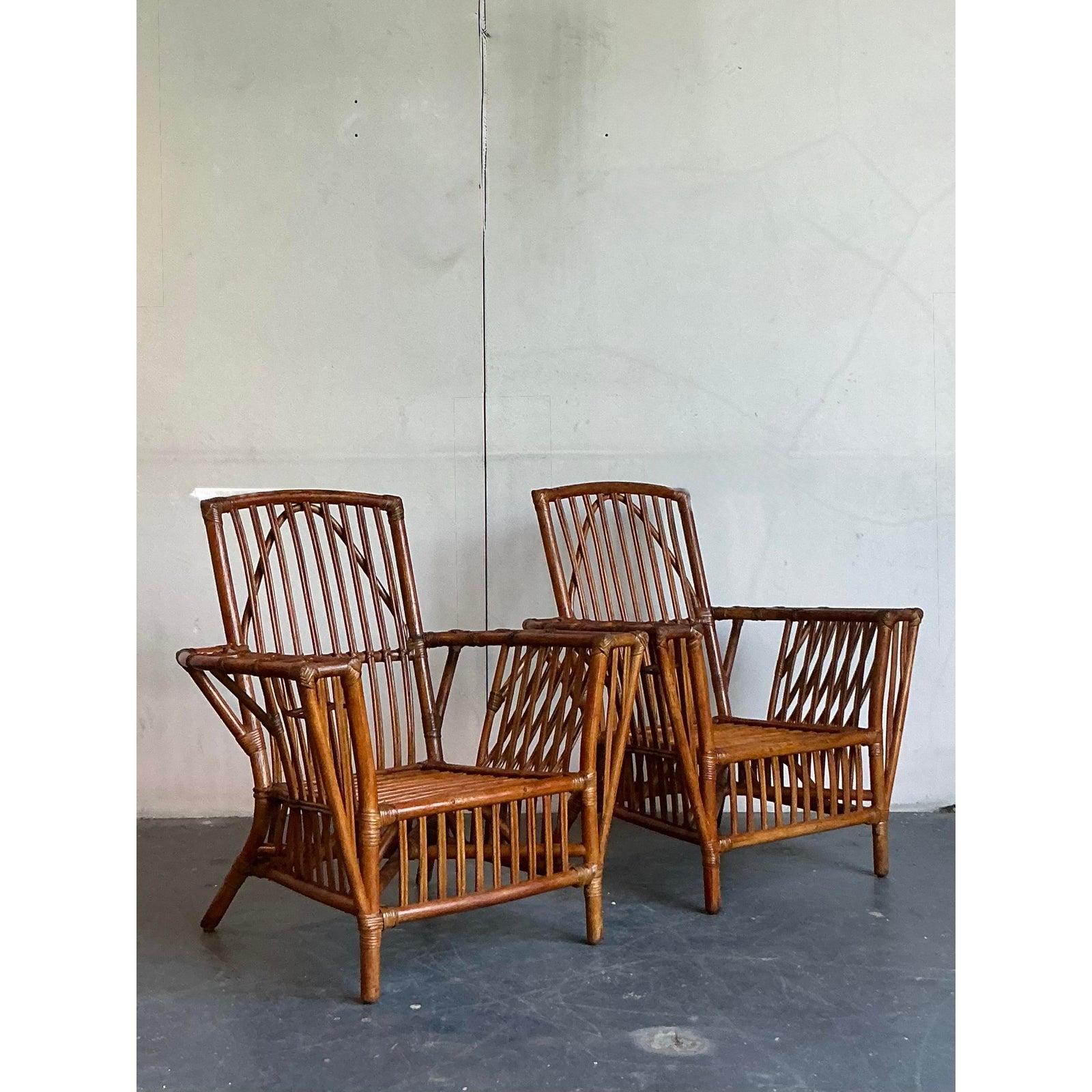 Bamboo Vintage Boho Presidential Stuck Rattan Lounge Chairs After Palecek - A Pair For Sale