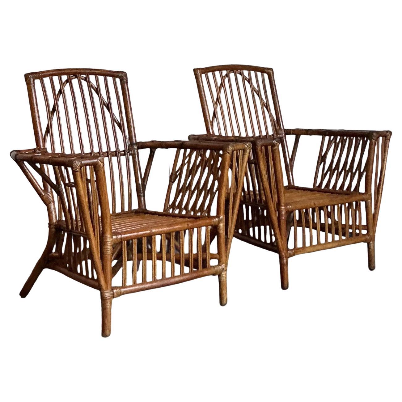 Vintage Boho Presidential Stuck Rattan Lounge Chairs After Palecek - A Pair For Sale