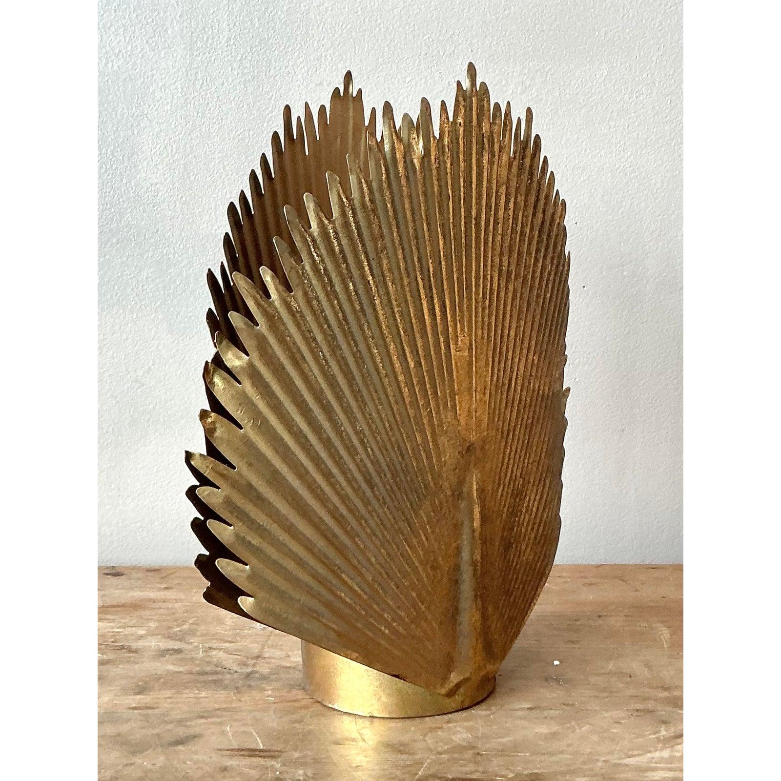 Mid-Century Modern Vintage Boho Pressed Brass Palm Frond Candle Lantern For Sale