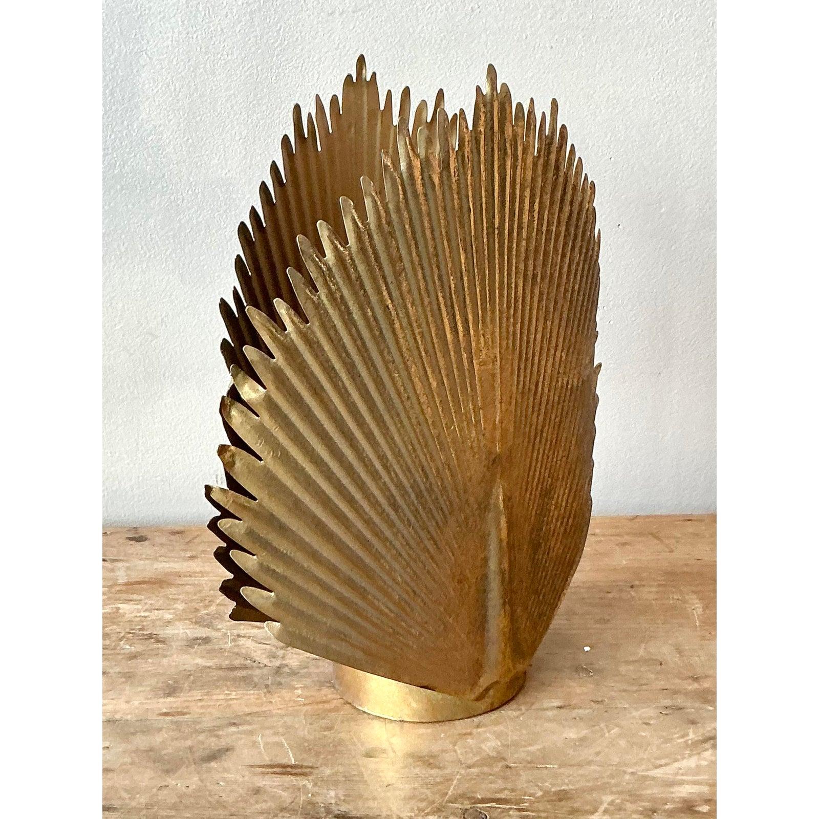 American Vintage Boho Pressed Brass Palm Frond Candle Lantern For Sale