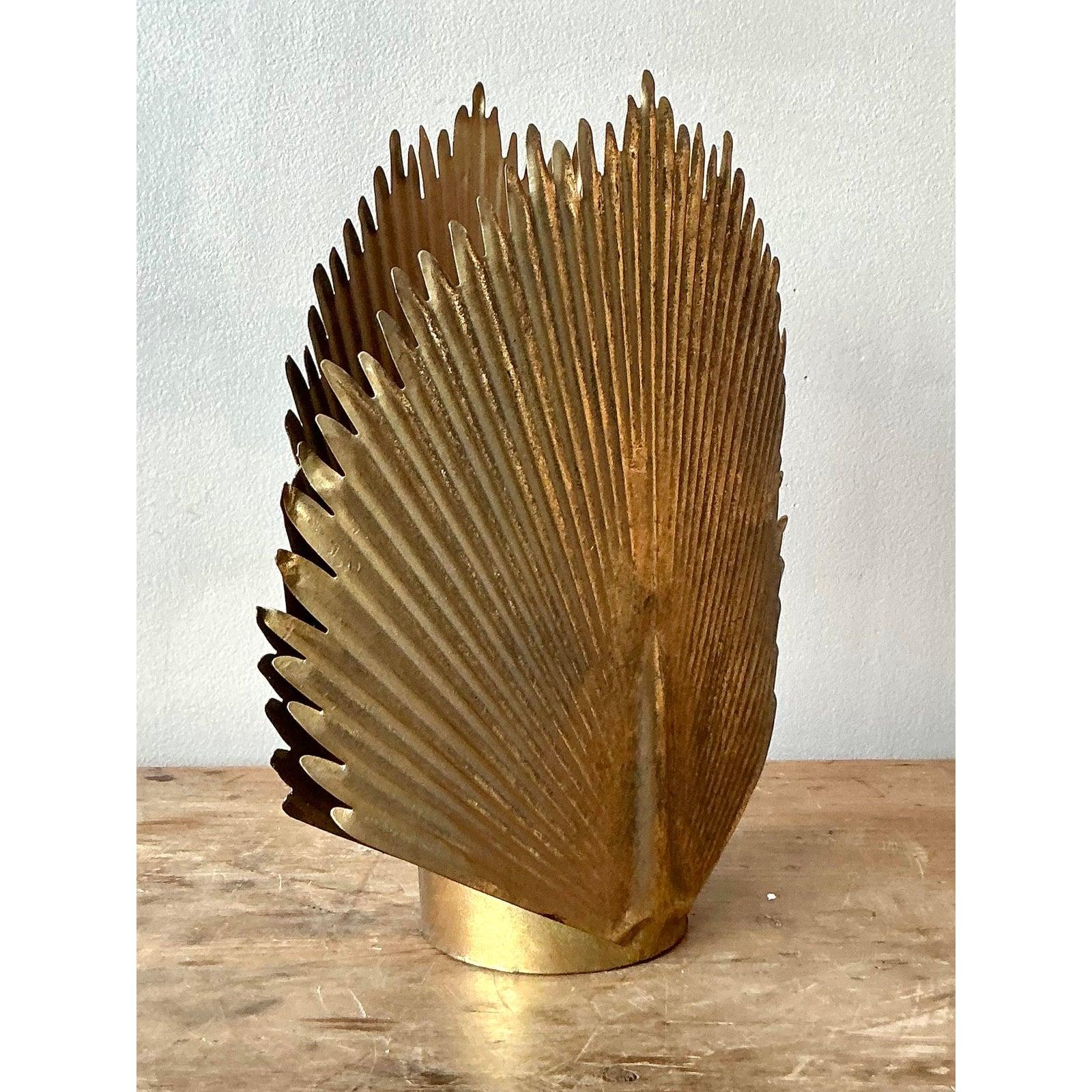Vintage Boho Pressed Brass Palm Frond Candle Lantern In Good Condition For Sale In West Palm Beach, FL
