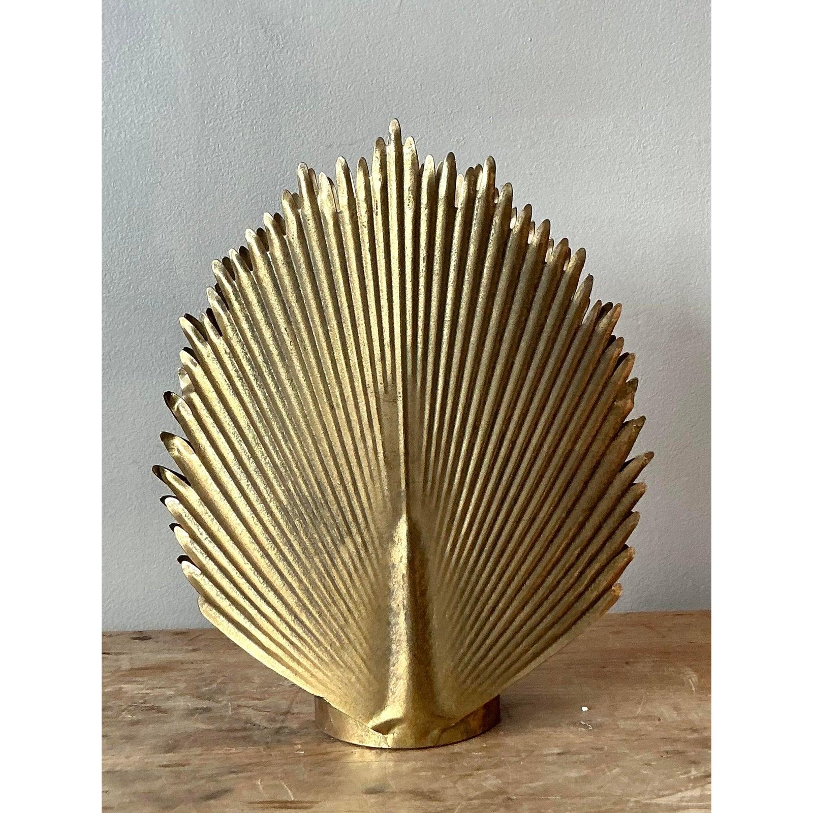 20th Century Vintage Boho Pressed Brass Palm Frond Candle Lantern For Sale