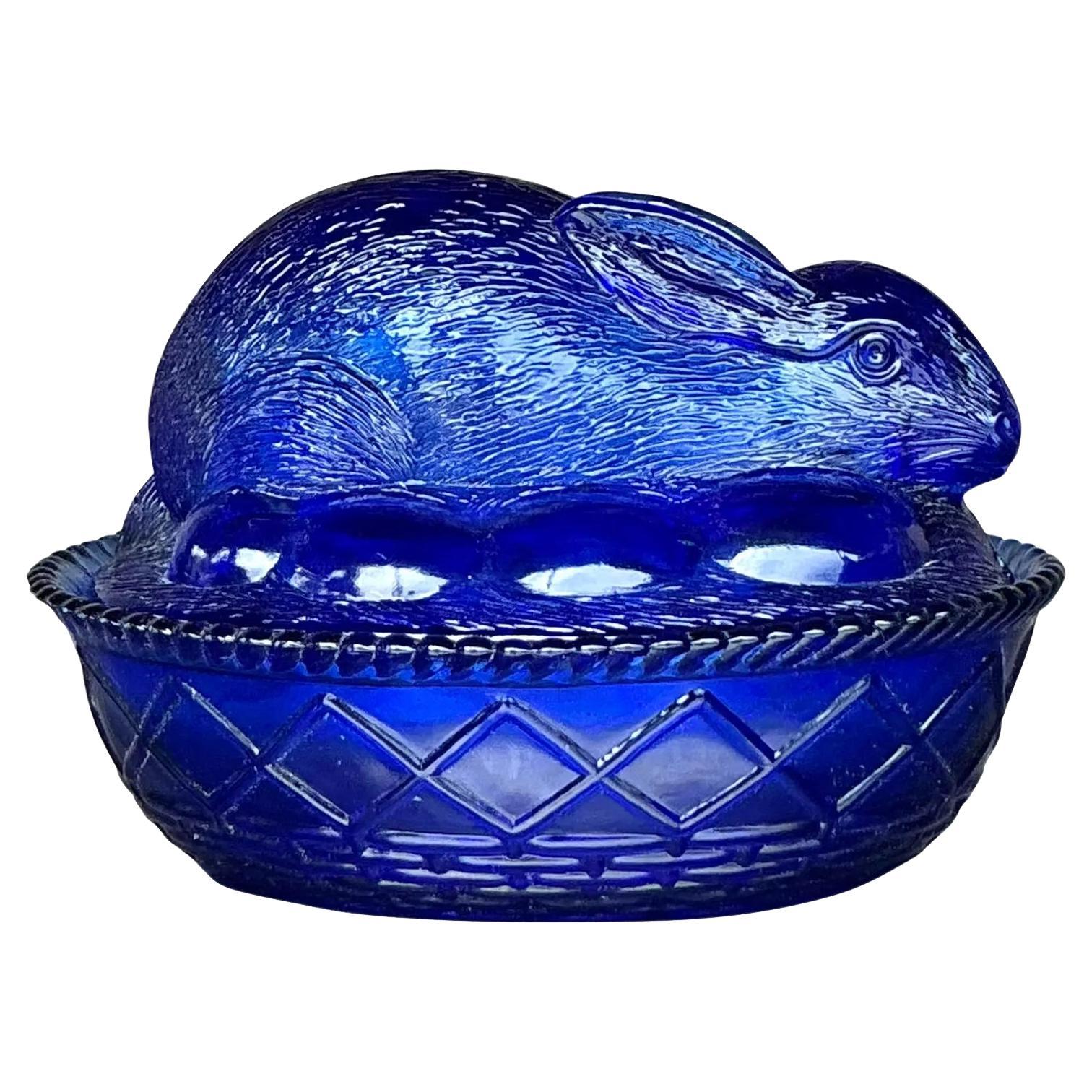 Plat à bibelots Vintage Boho en verre pressé avec couvercle en forme de lapin