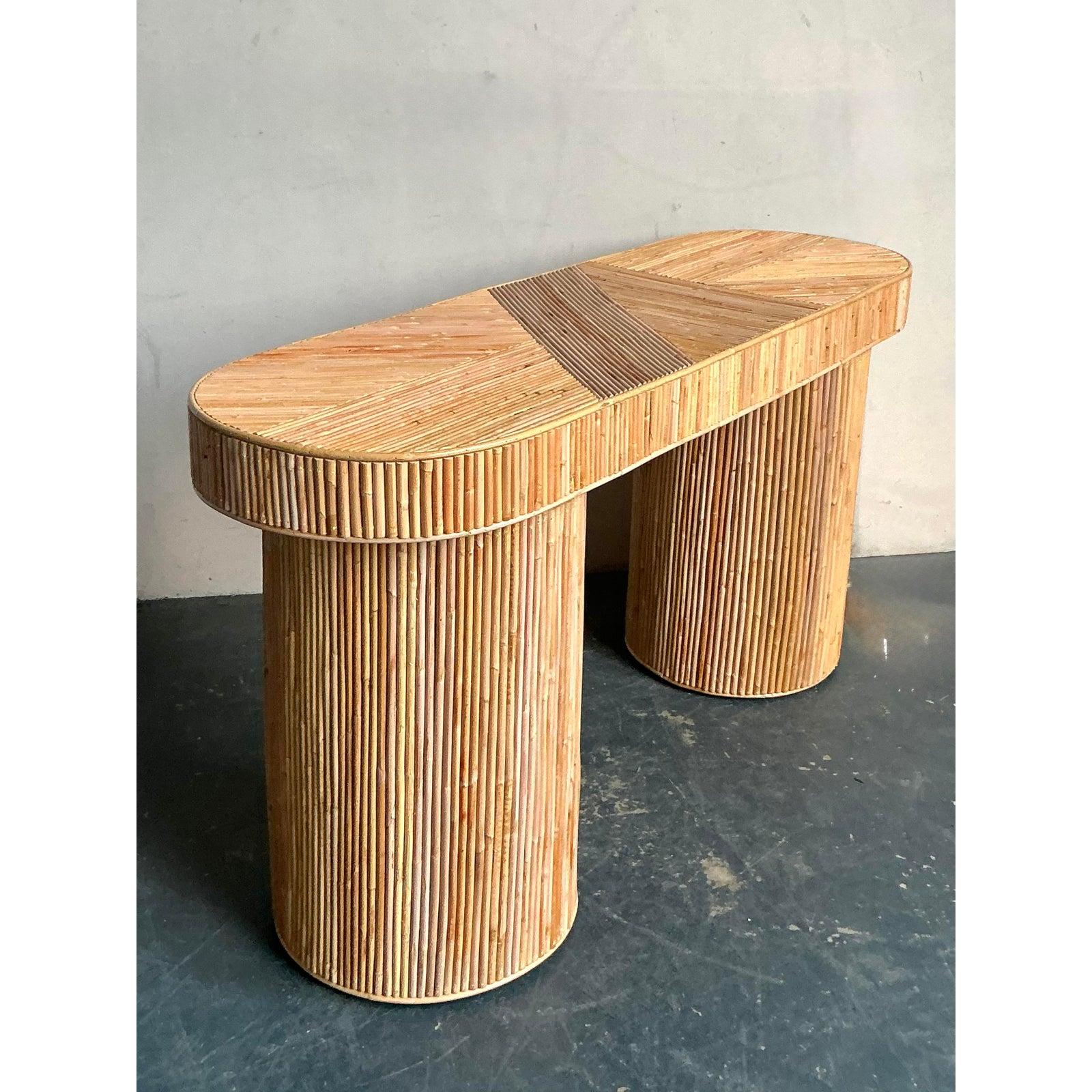 Hollywood Regency Vintage Boho Pretzel Reed Console Table For Sale