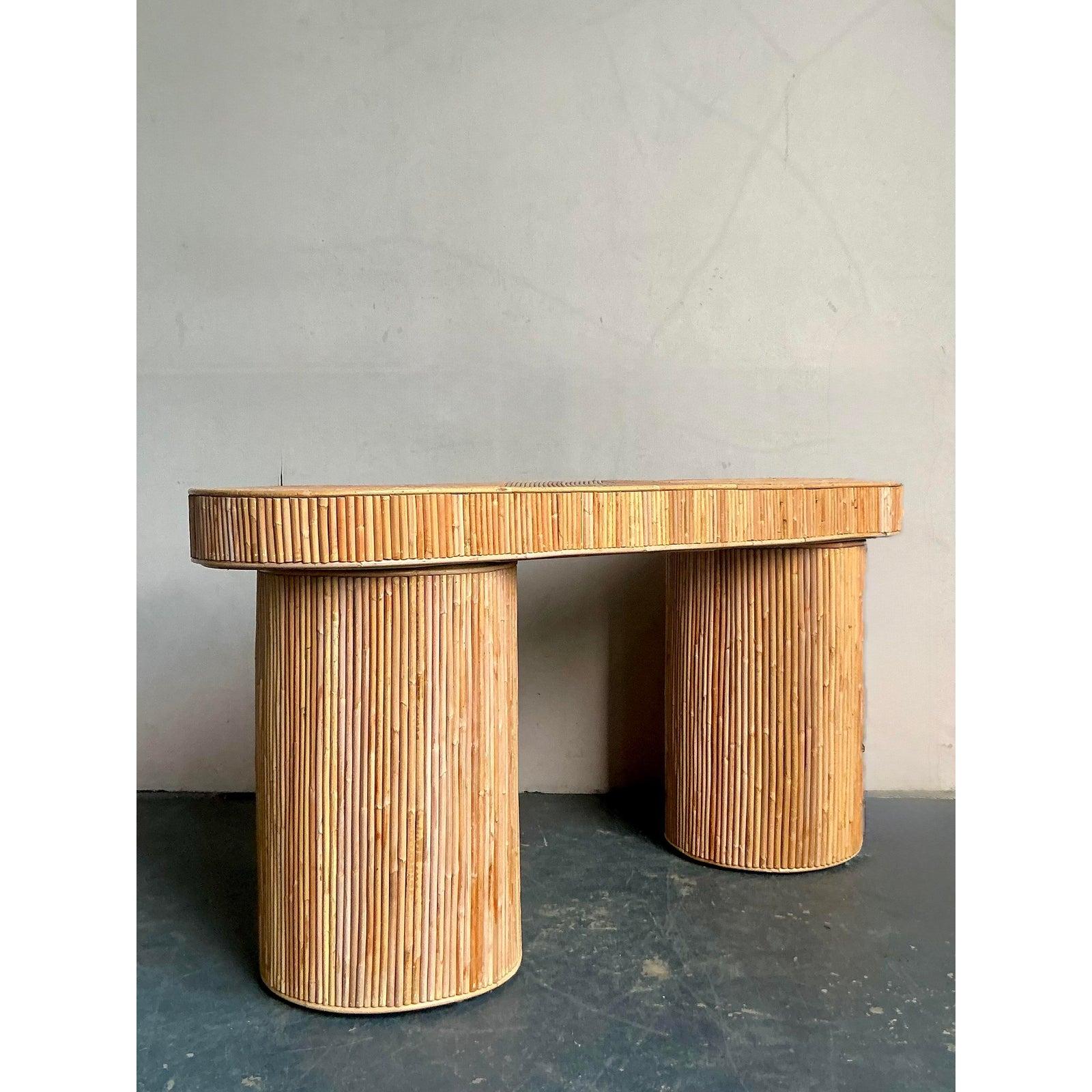 20th Century Vintage Boho Pretzel Reed Console Table For Sale