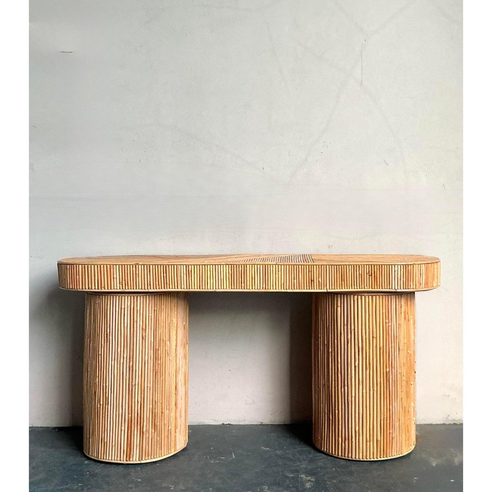 Vintage Boho Pretzel Reed Console Table For Sale 1