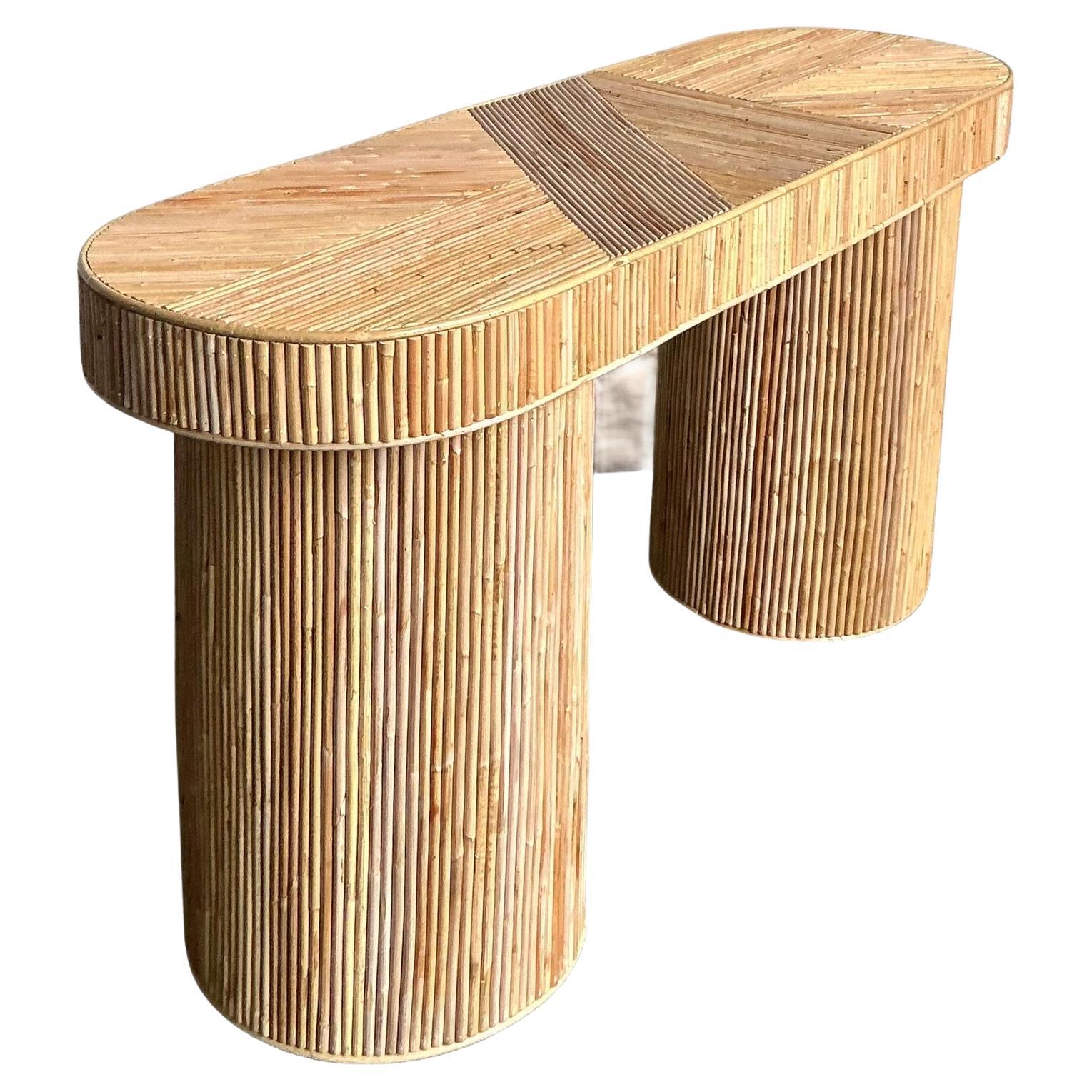 Vintage Boho Pretzel Reed Console Table For Sale
