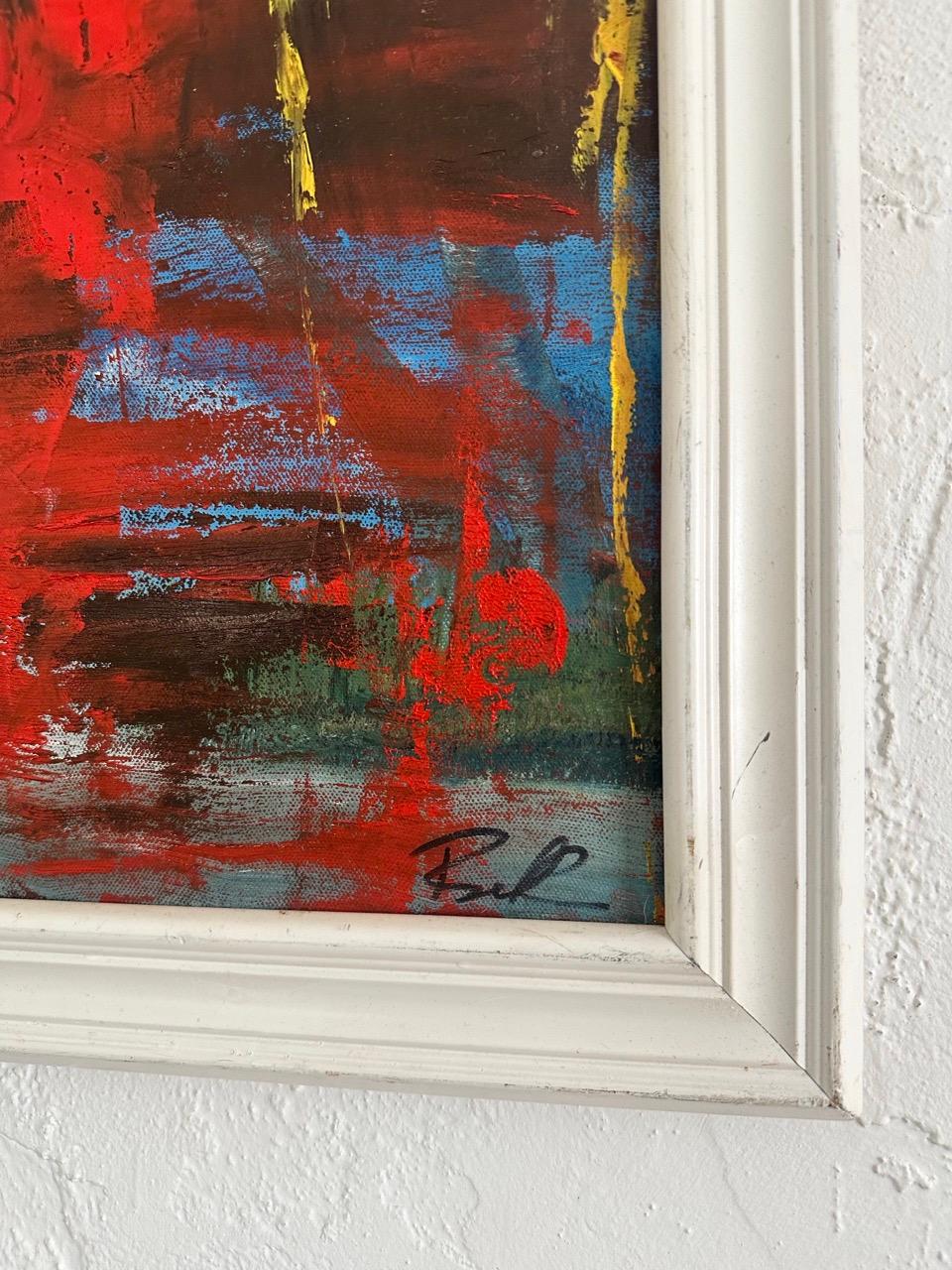 A vintage abstract with a modern feel. Beautiful mix of primary colors and textured paint that adds another dimension to the work. A small yet impactful piece af wall art acquired from a Palm beach estate. 