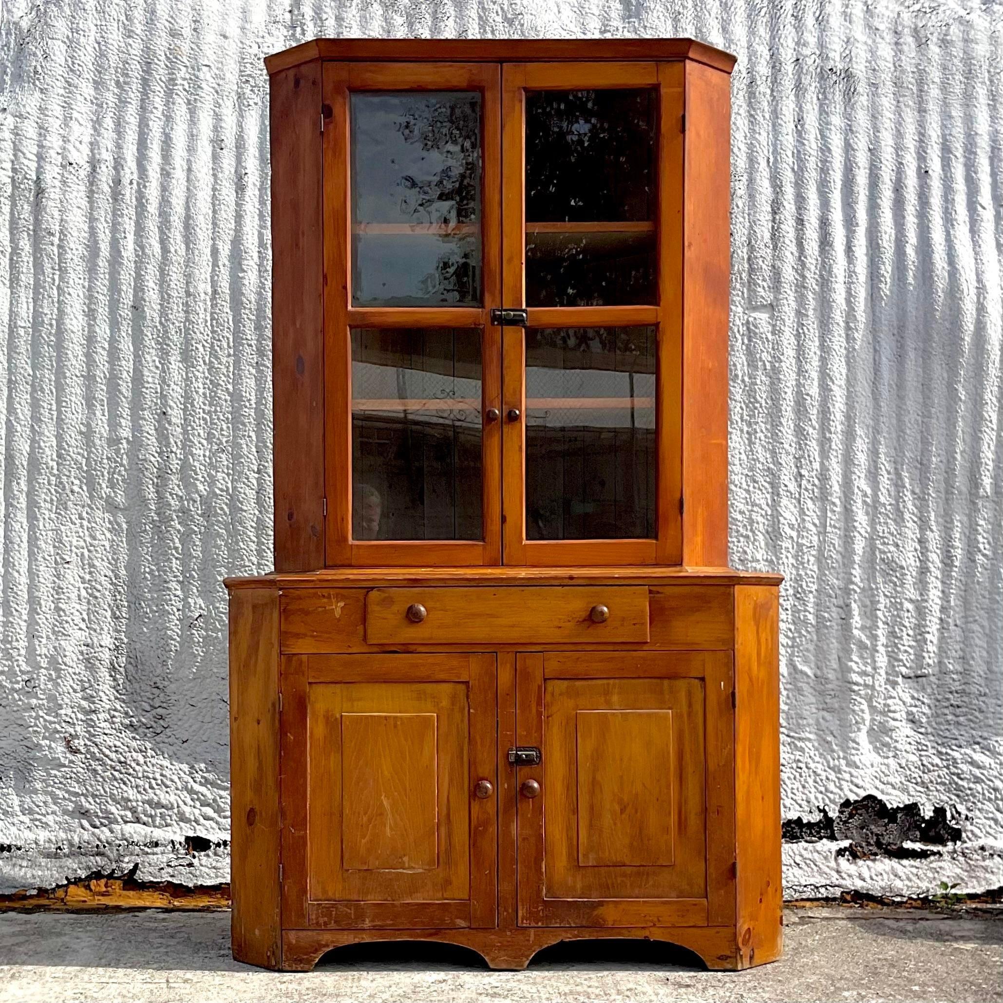 American Vintage Boho Primitive 1800s Corner Cabinet For Sale