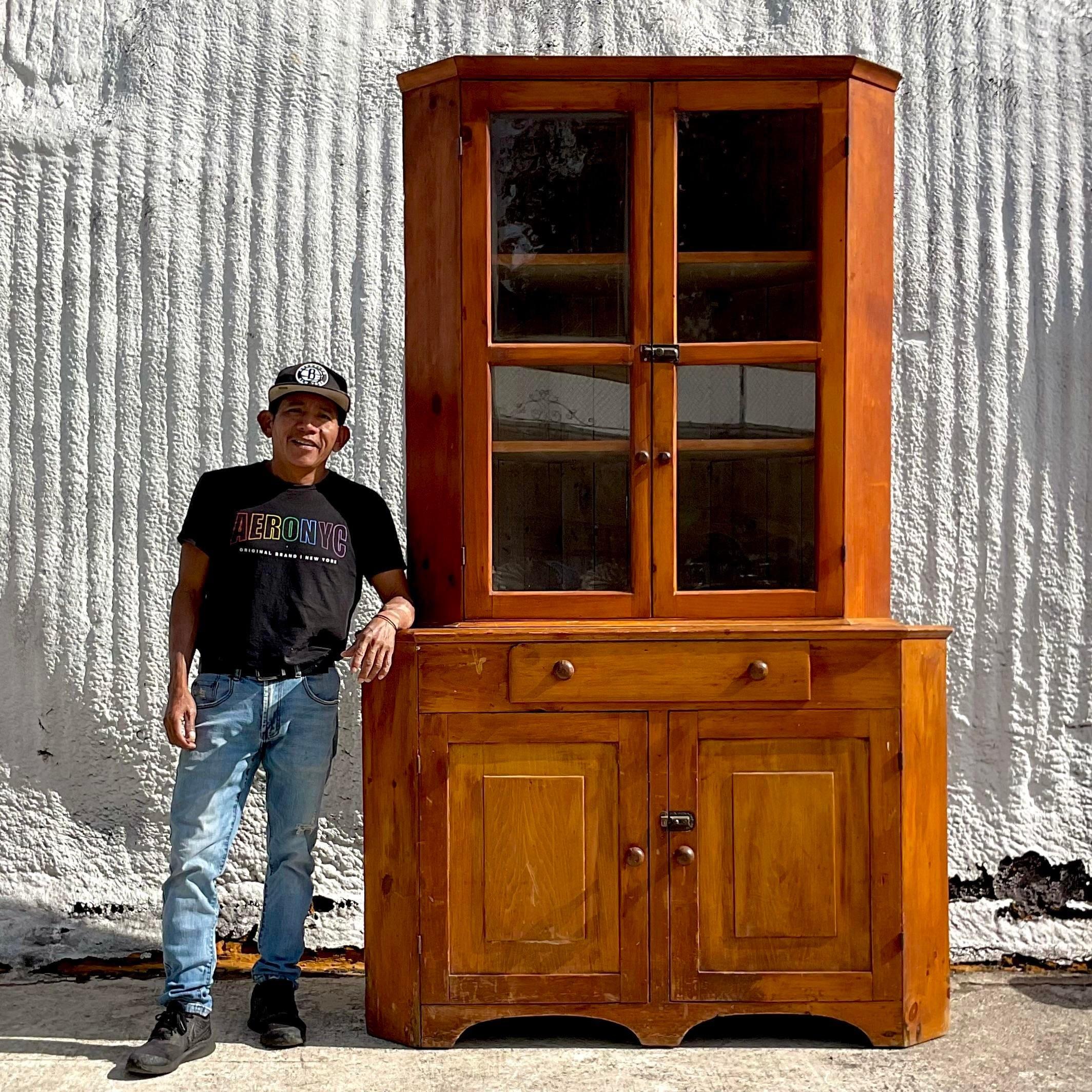 19th Century Vintage Boho Primitive 1800s Corner Cabinet For Sale