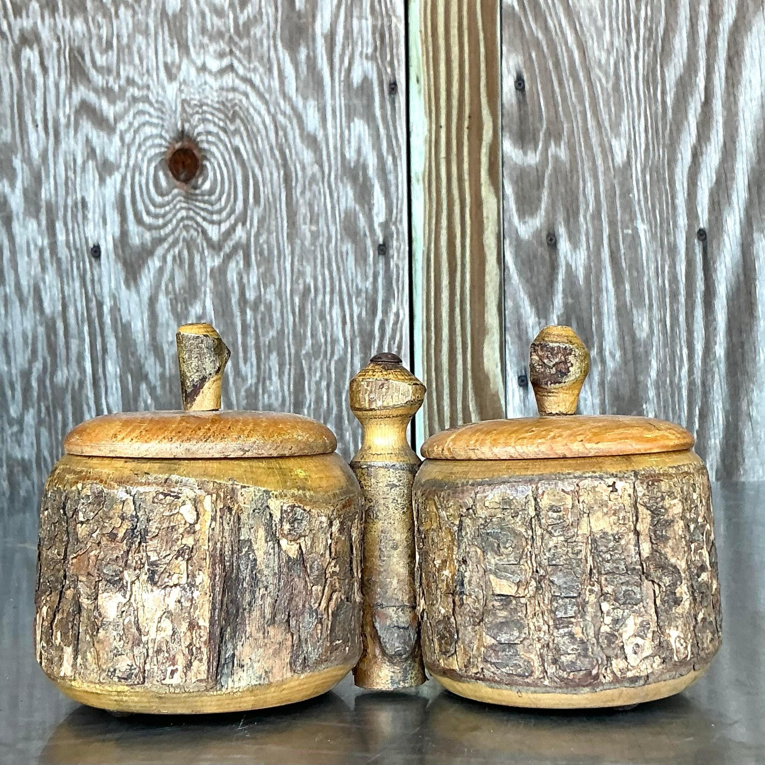 Wood Vintage Boho Primitive Condiment Tray For Sale