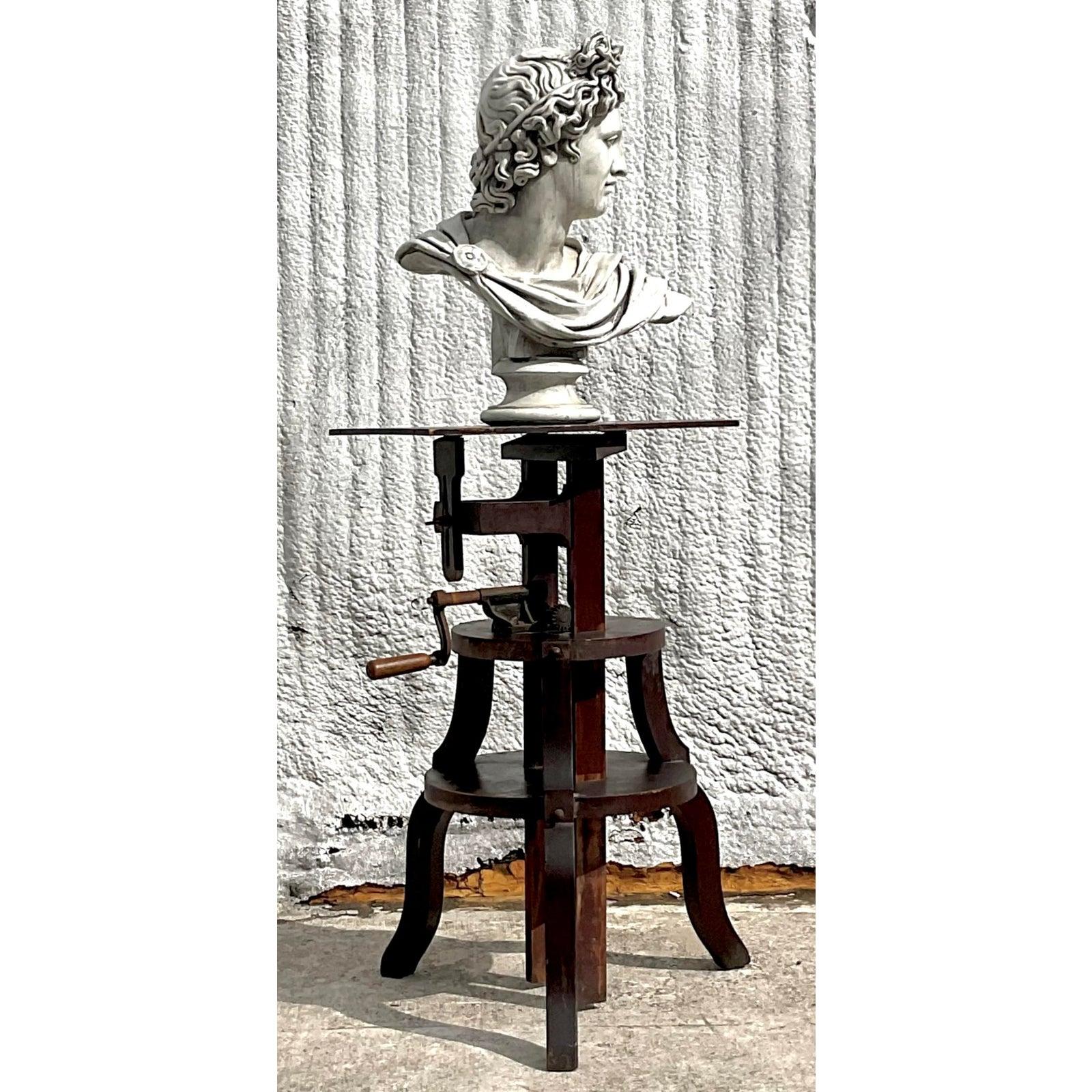Industrial Vintage Boho Primitive Crank Pedestal For Sale