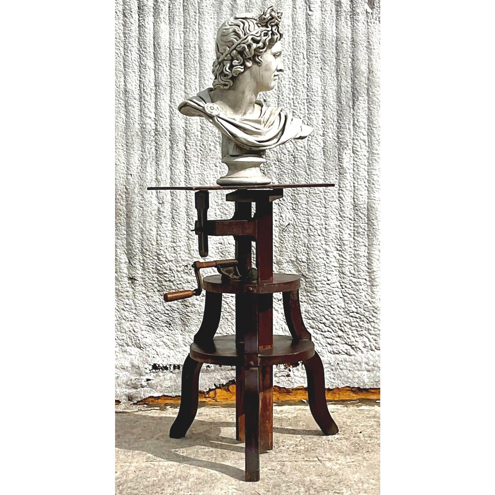 American Vintage Boho Primitive Crank Pedestal For Sale