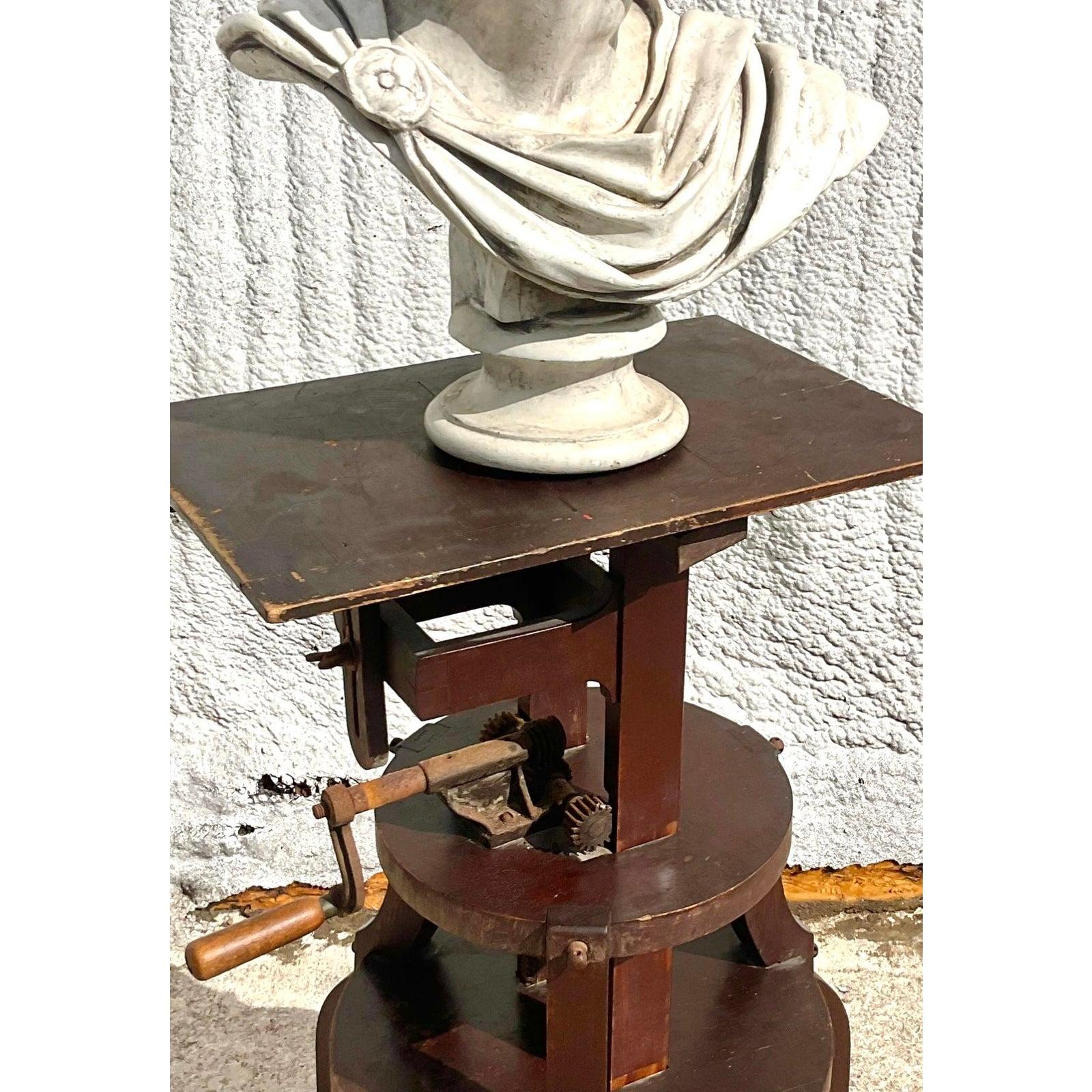 Wood Vintage Boho Primitive Crank Pedestal For Sale