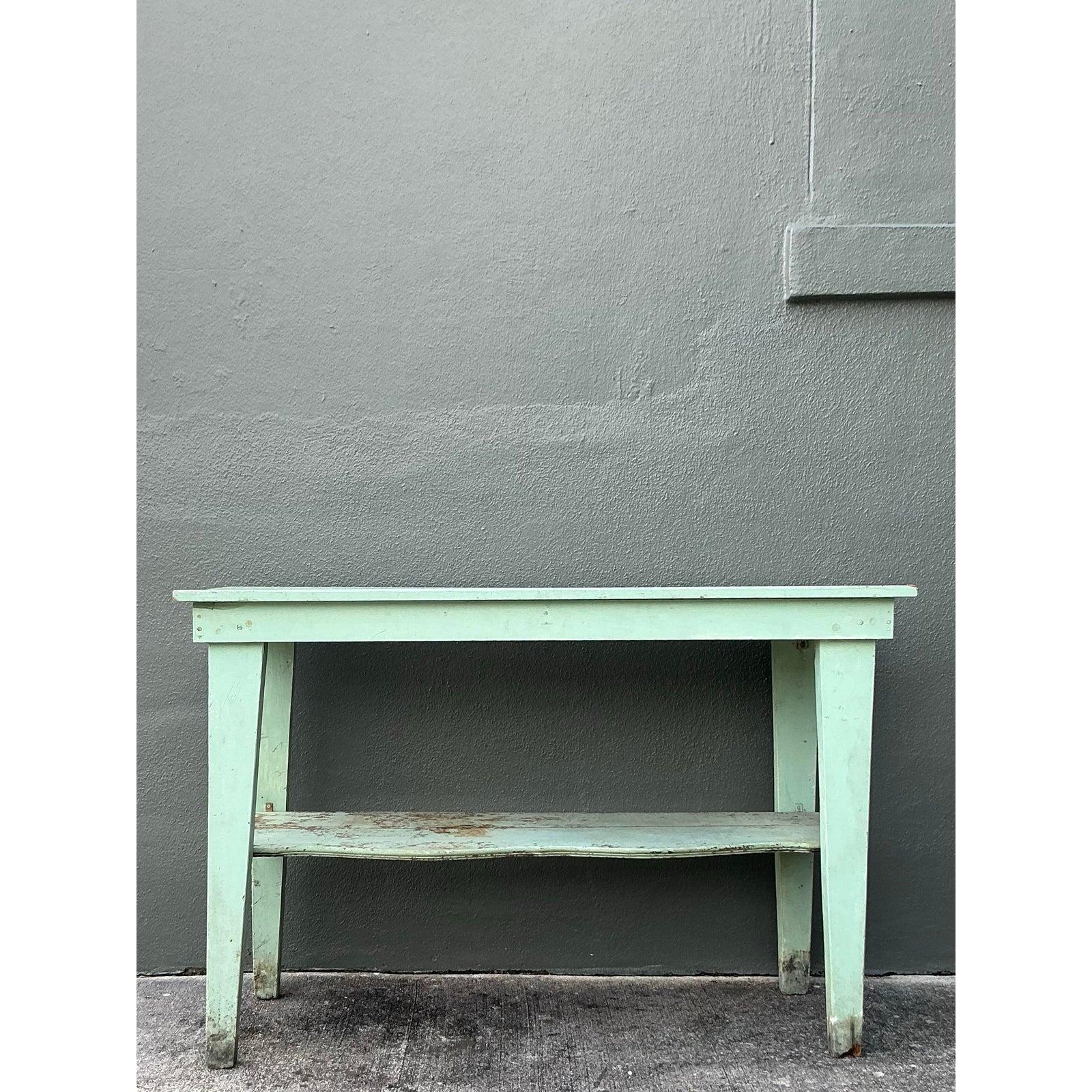 Wood Vintage Boho Primitive Distressed Console Table For Sale