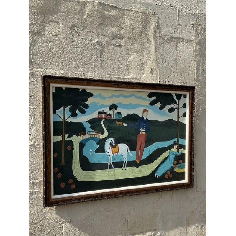Fangen Sie die gefühlvolle Essenz der primitiven Kunst mit diesem figurativen Ölgemälde im Boho-Stil ein. Das mit Erdtönen und kühnen, gestischen Strichen handbemalte, stimmungsvolle Stück verleiht jedem Interieur eine raue, emotionale Tiefe. Die