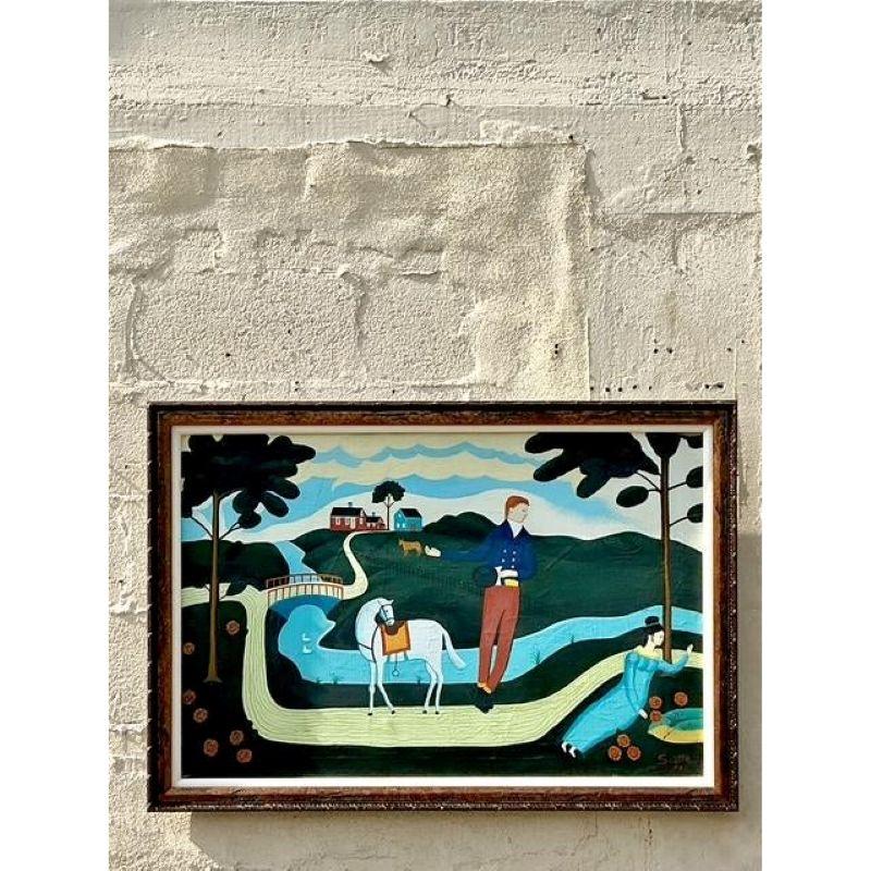Vintage Boho Primitive Figurative Ölgemälde (amerikanisch) im Angebot