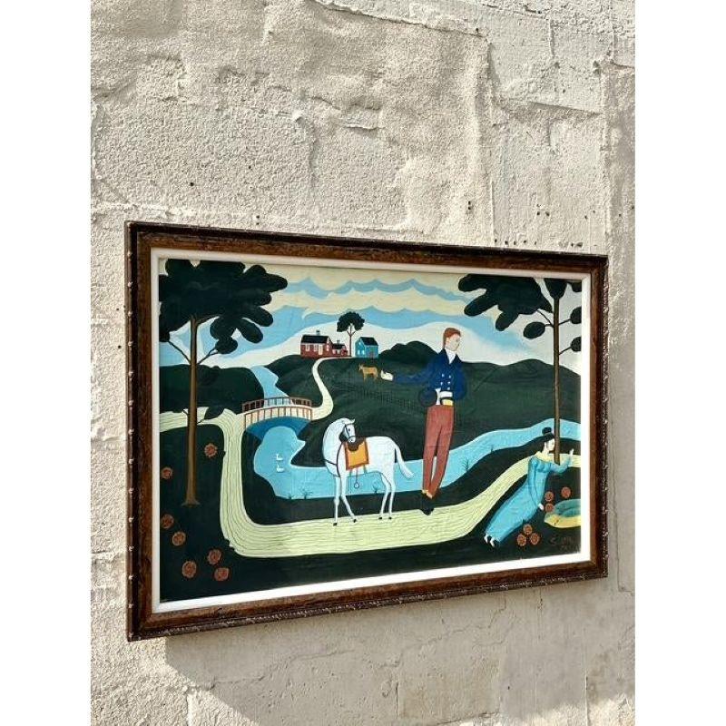 Vintage Boho Primitive Figurative Ölgemälde (20. Jahrhundert) im Angebot