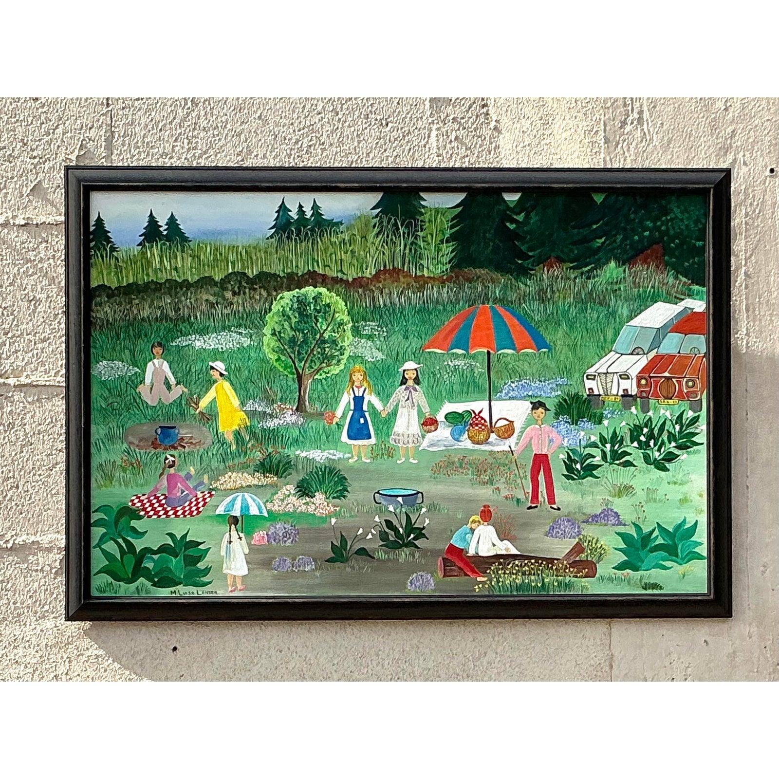 Vintage Boho Primitive Figurative Ölgemälde (Leinwand) im Angebot
