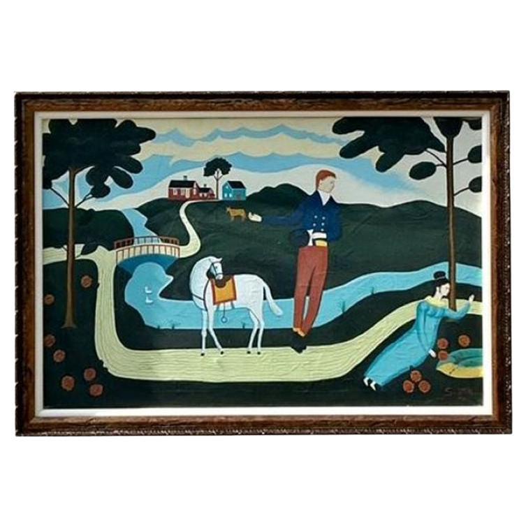 Vintage Boho Primitive Figurative Oil Painting