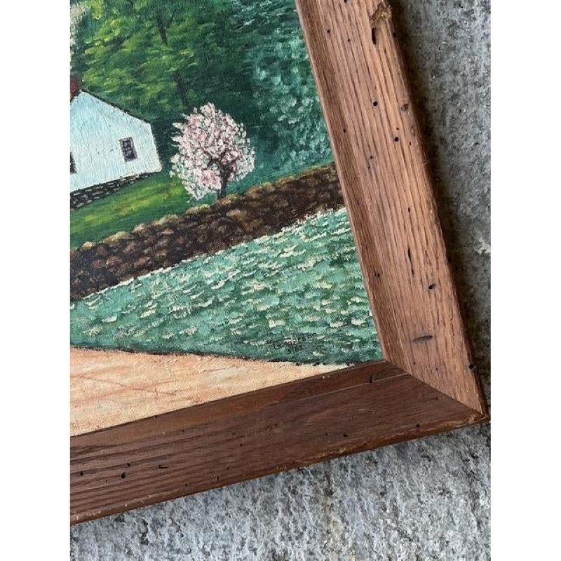 Bringen Sie zeitlosen Charme und rustikale Schönheit in Ihr Zuhause mit diesem Set aus zwei primitiven Ölgemälden im Vintage-Stil mit Landschaftsmotiven auf Karton. Diese handgemalten Bilder zeigen heitere Landschaftsszenen mit verschlungenen