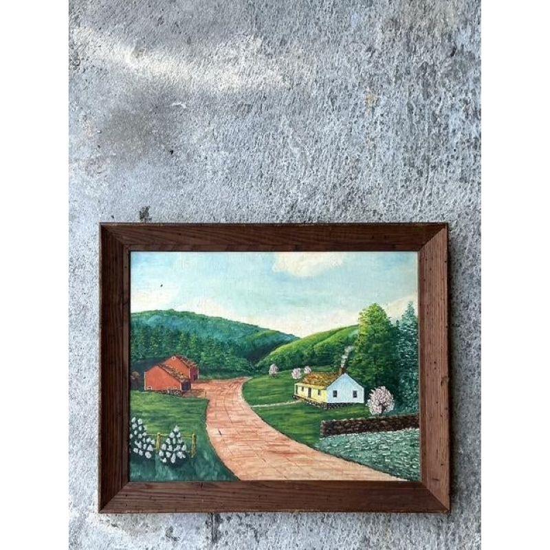 Primitive Vintage Boho-Landschaft, Ölgemälde auf Karton, Vintage (Rustikal) im Angebot