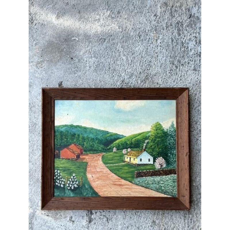 Primitive Vintage Boho-Landschaft, Ölgemälde auf Karton, Vintage (20. Jahrhundert) im Angebot
