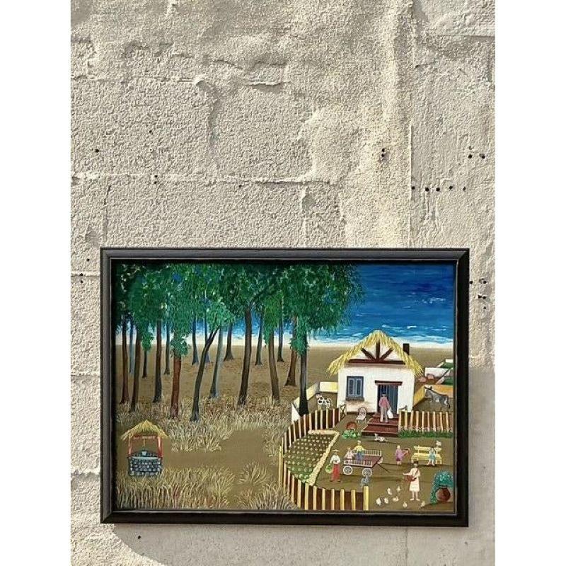 Primitives Landschaftsgemälde im Vintage-Stil von Boho (Rustikal) im Angebot