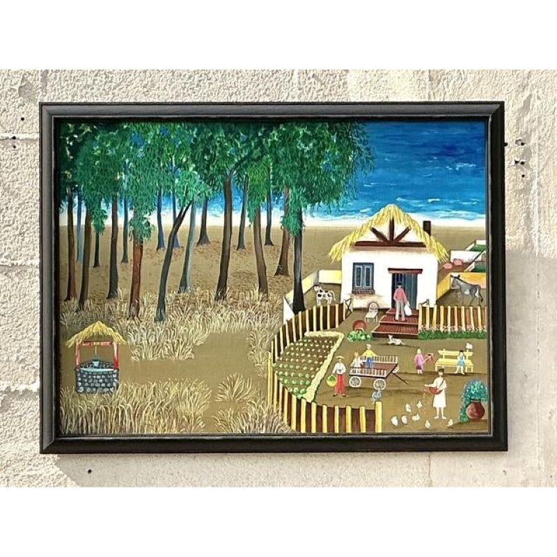 Primitives Landschaftsgemälde im Vintage-Stil von Boho (Leinwand) im Angebot